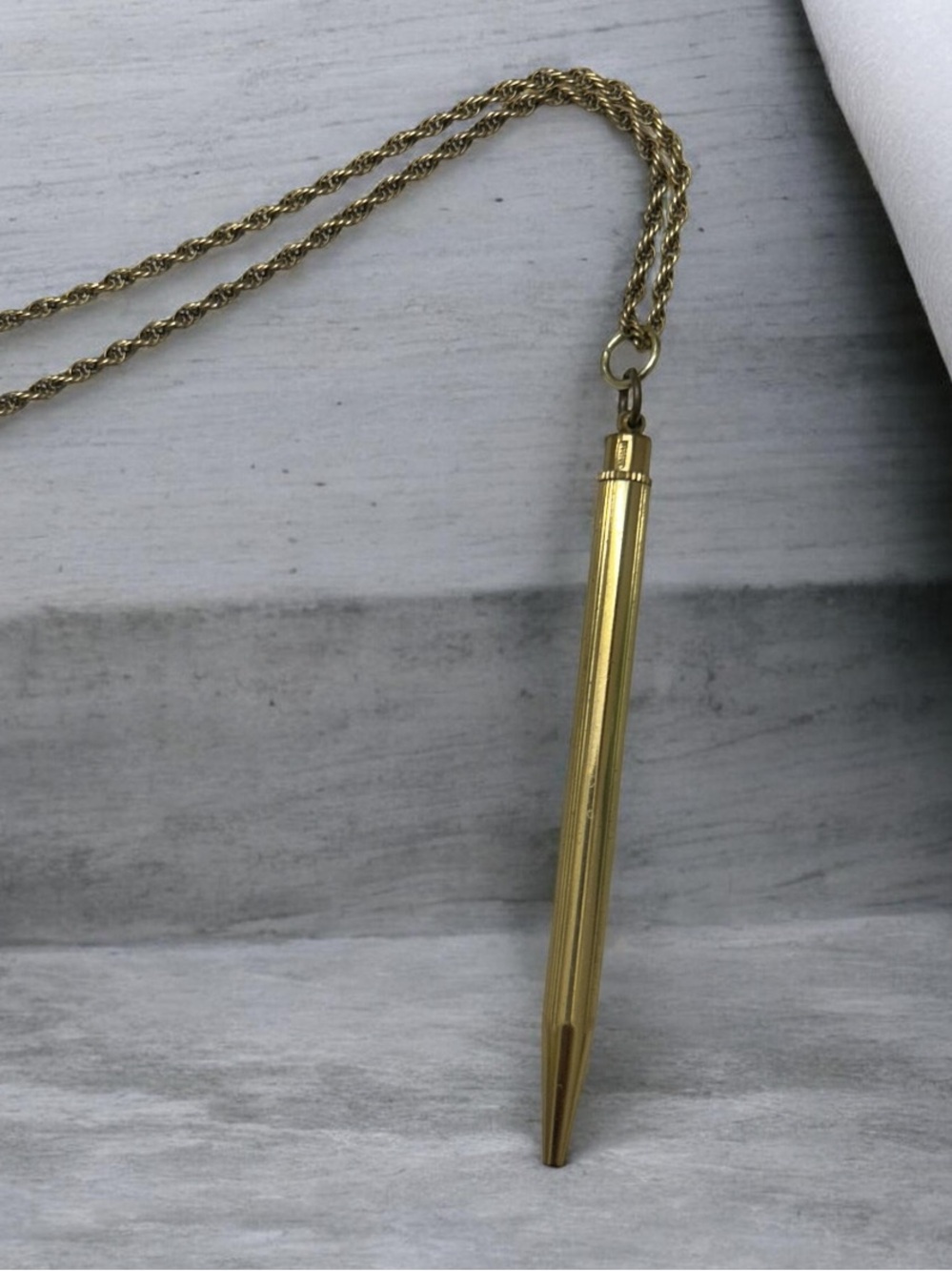 Vintage Signed Japan Mechanical Gold Pencil Pendant Necklace/14k GF Chain